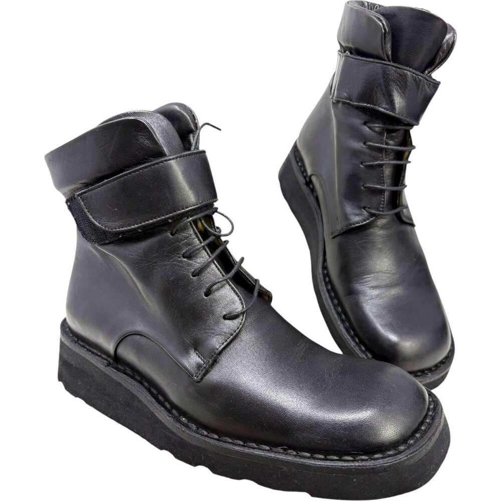 Alter Ego Black Calves Leather Wedge Combat‎ Boots